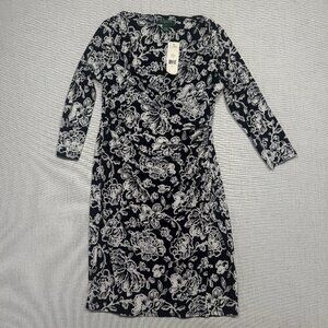 Lauren Ralph Lauren Dress Floral Print Cowl Neck Light Navy Stretch Size 10 NWT